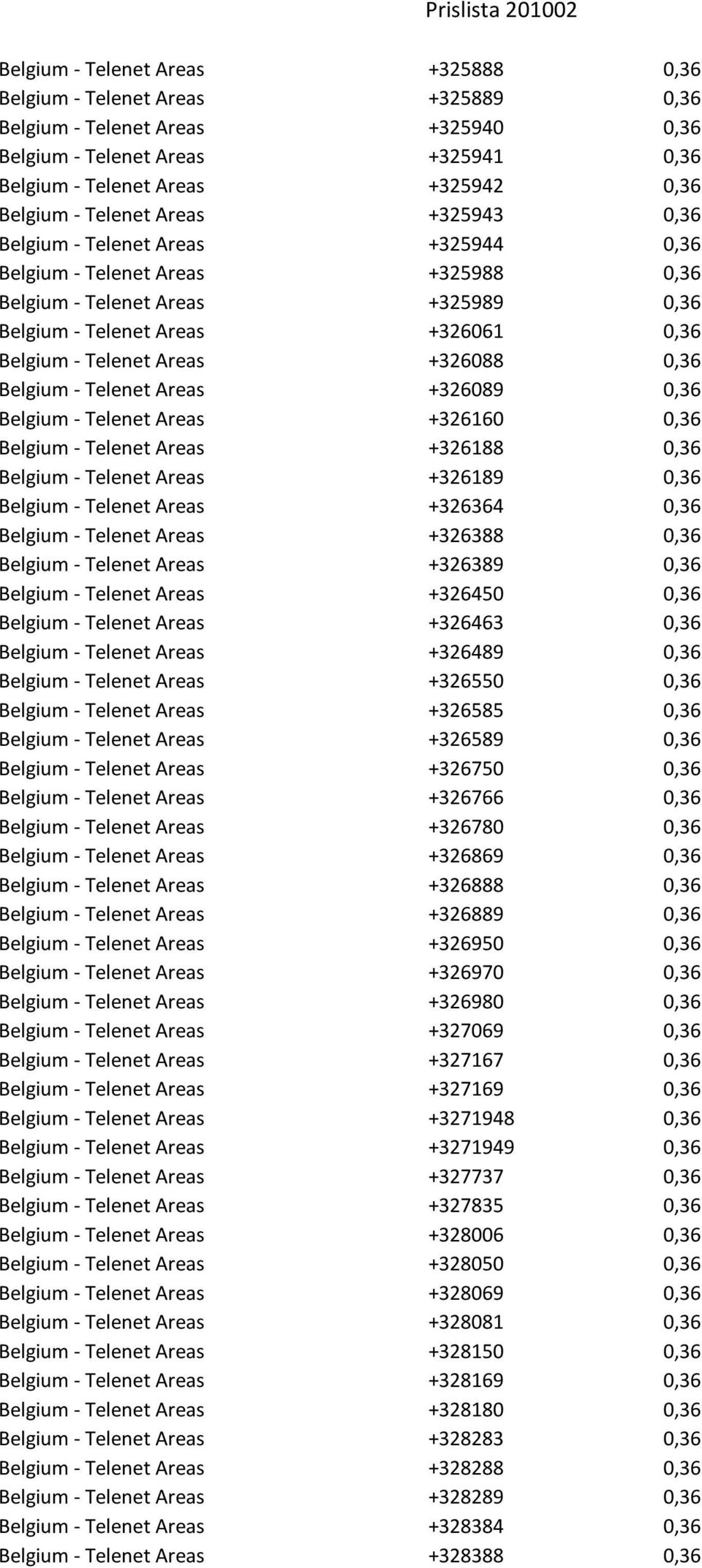 +326088 0,36 Belgium - Telenet Areas +326089 0,36 Belgium - Telenet Areas +326160 0,36 Belgium - Telenet Areas +326188 0,36 Belgium - Telenet Areas +326189 0,36 Belgium - Telenet Areas +326364 0,36