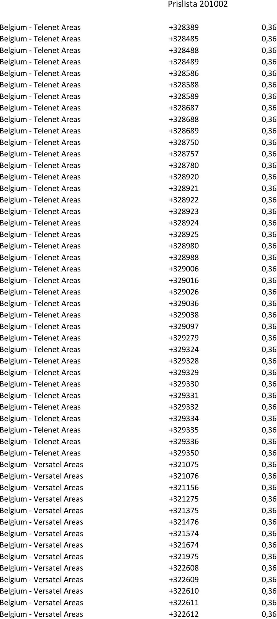 +328750 0,36 Belgium - Telenet Areas +328757 0,36 Belgium - Telenet Areas +328780 0,36 Belgium - Telenet Areas +328920 0,36 Belgium - Telenet Areas +328921 0,36 Belgium - Telenet Areas +328922 0,36