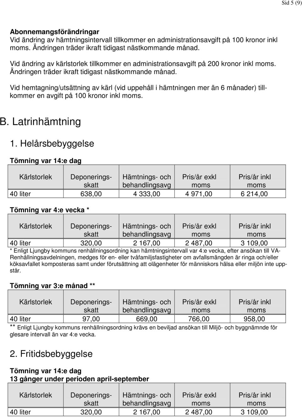 Vid hemtagning/utsättning av kärl (vid uppehåll i hämtningen mer än 6 månader) tillkommer en avgift på 100 kronor inkl. B. Latrinhämtning 1.