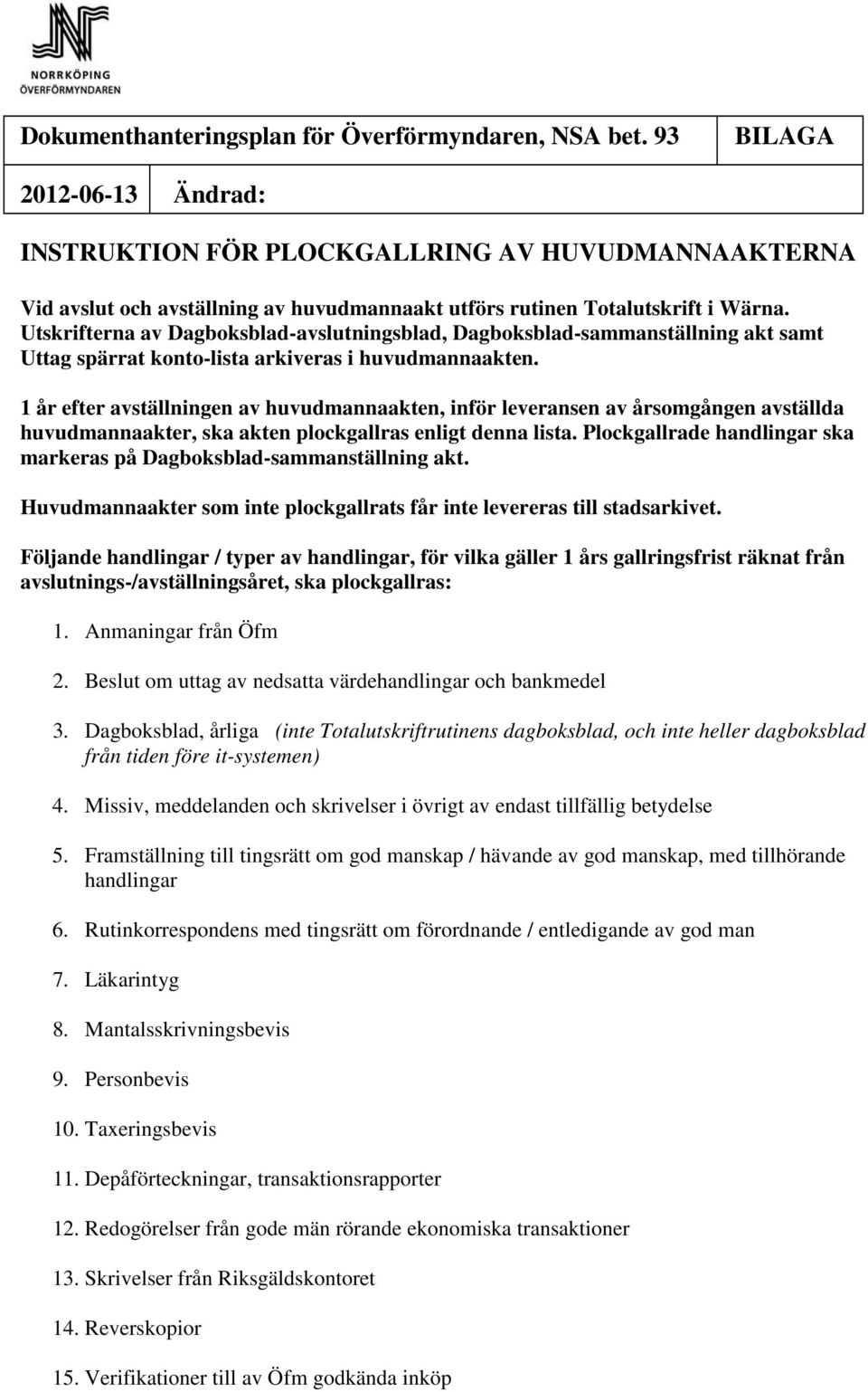 Utskrifterna av Dagboksbladavslutningsblad, Dagboksbladsammanställning akt samt Uttag spärrat kontolista arkiveras i huvudmannaakten.