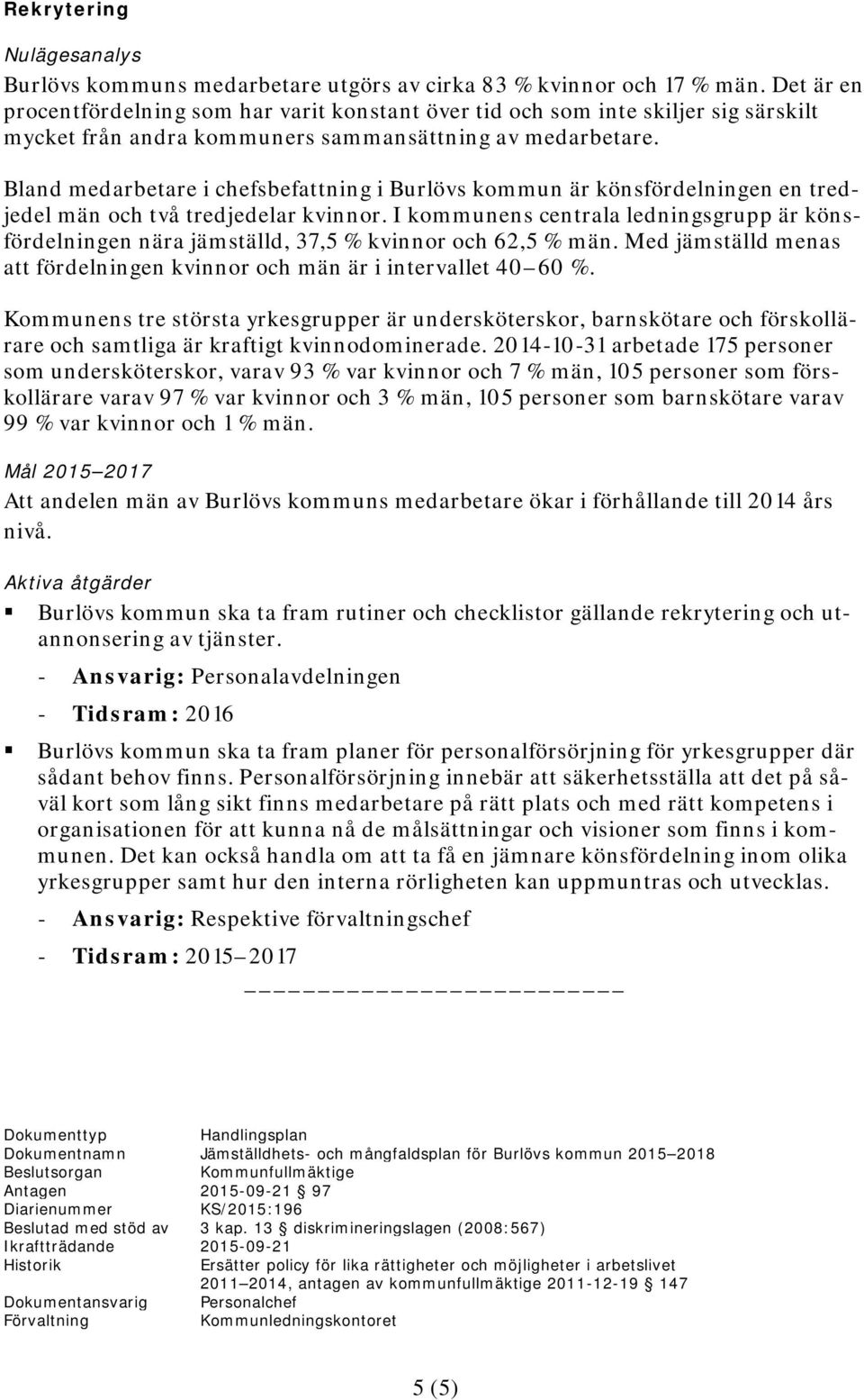 Bland medarbetare i chefsbefattning i Burlövs kommun är könsfördelningen en tredjedel män och två tredjedelar kvinnor.