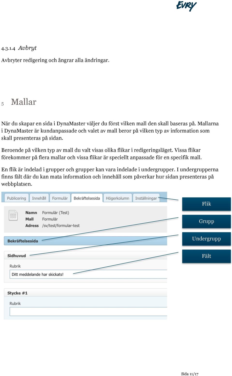 Beroende på vilken typ av mall du valt visas olika flikar i redigeringsläget.