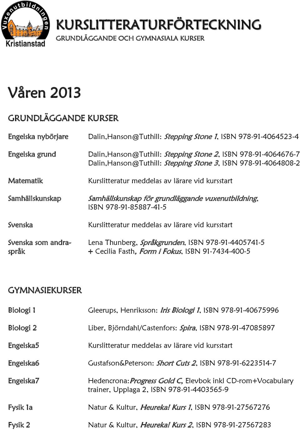 vuxenutbildning, ISBN 978-91-85887-41-5 Svenska som andra- Lena Thunberg, Språkgrunden, ISBN 978-91-4405741-5 språk + Cecilia Fasth, Form i Fokus, ISBN 91-7434-400-5 GYMNASIEKURSER Biologi 1