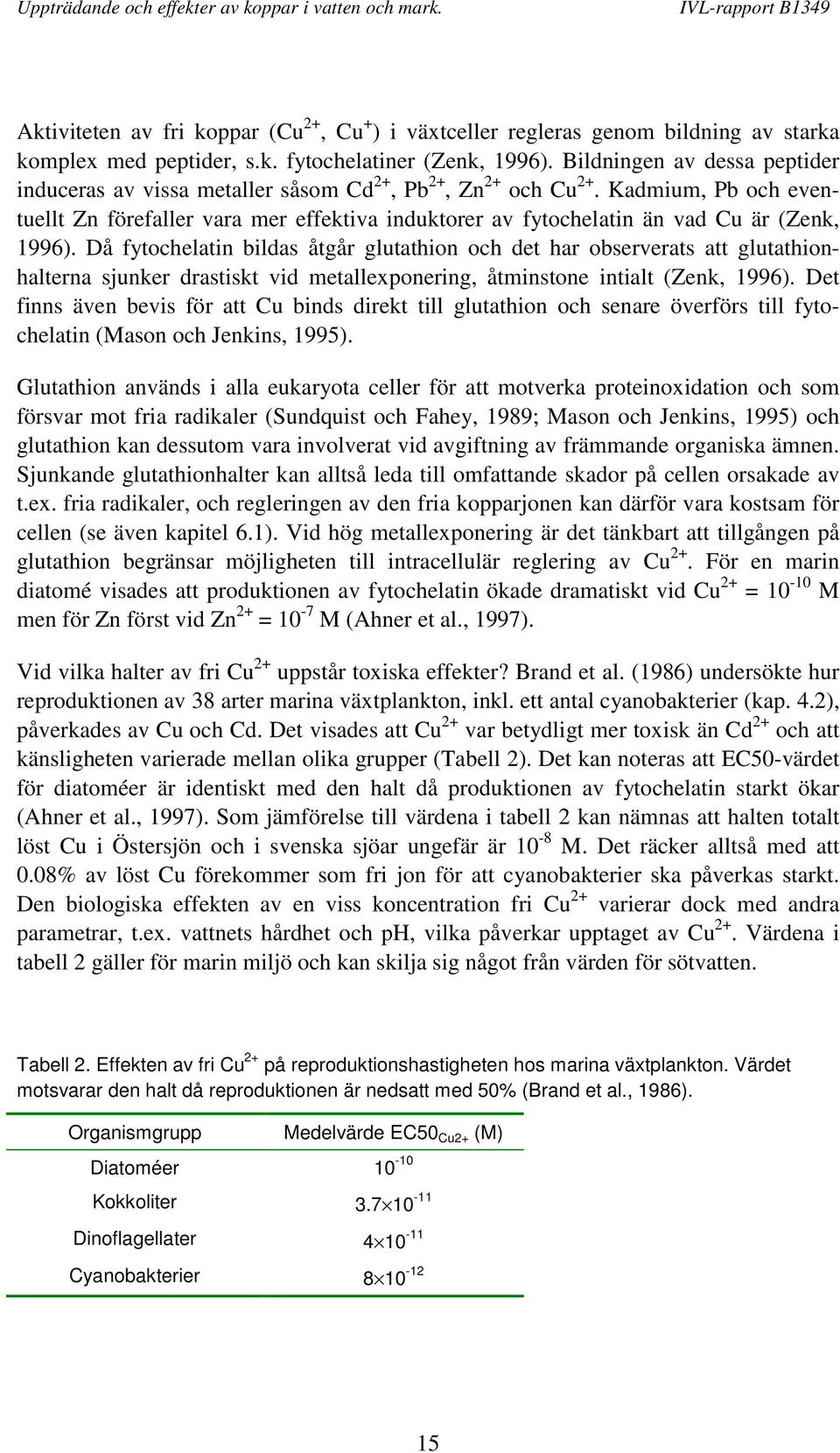 Kadmium, Pb och eventuellt Zn förefaller vara mer effektiva induktorer av fytochelatin än vad Cu är (Zenk, 1996).