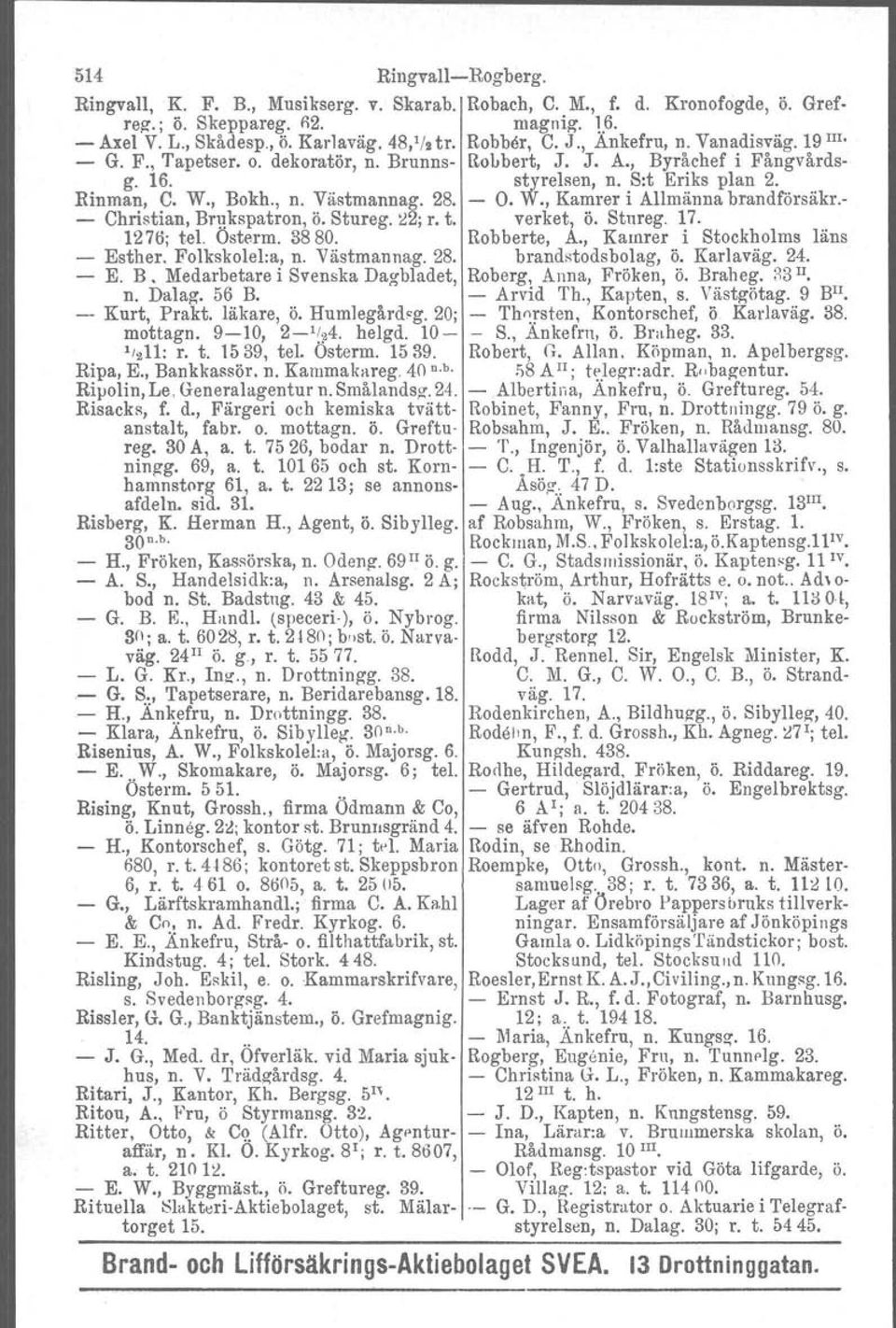 W., Kamrer i Allmänna brandförsäkr.- - Christian, Brukspatron, ö. Stureg. ~2; r. t. verket, ö. Stnreg. 17. 1276; tel. Österm, 3880. Robberte, A., Kamrer i Stockholms läns - Esther. Folkskolel:a, n.