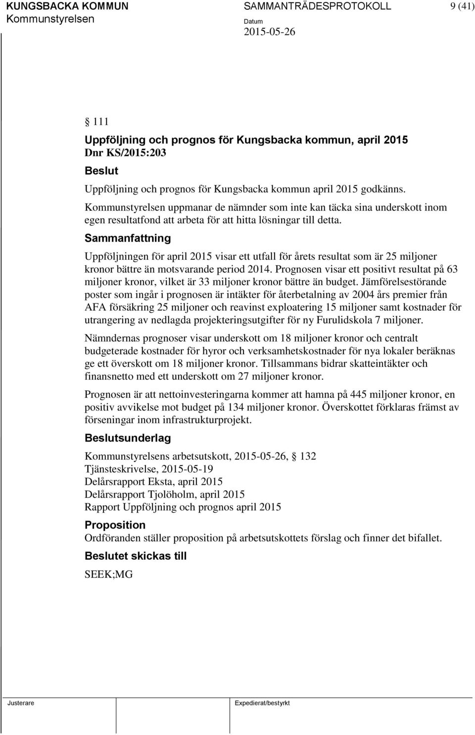 Uppföljningen för april 2015 visar ett utfall för årets resultat som är 25 miljoner kronor bättre än motsvarande period 2014.