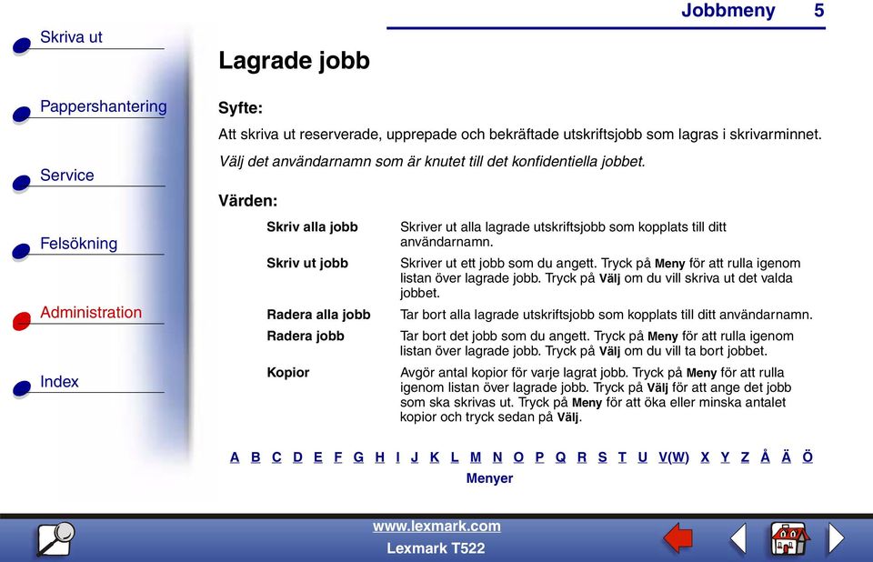 Tryck på Meny för att rulla igenom listan över lagrade jobb. Tryck på Välj om du vill skriva ut det valda jobbet. Tar bort alla lagrade utskriftsjobb som kopplats till ditt användarnamn.