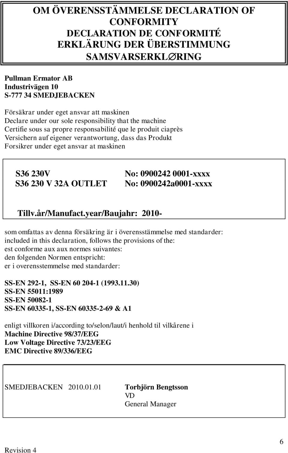 Forsikrer under eget ansvar at maskinen S36 230V S36 230 V 32A OUTLET No: 0900242 0001-xxxx No: 0900242a0001-xxxx Tillv.år/Manufact.