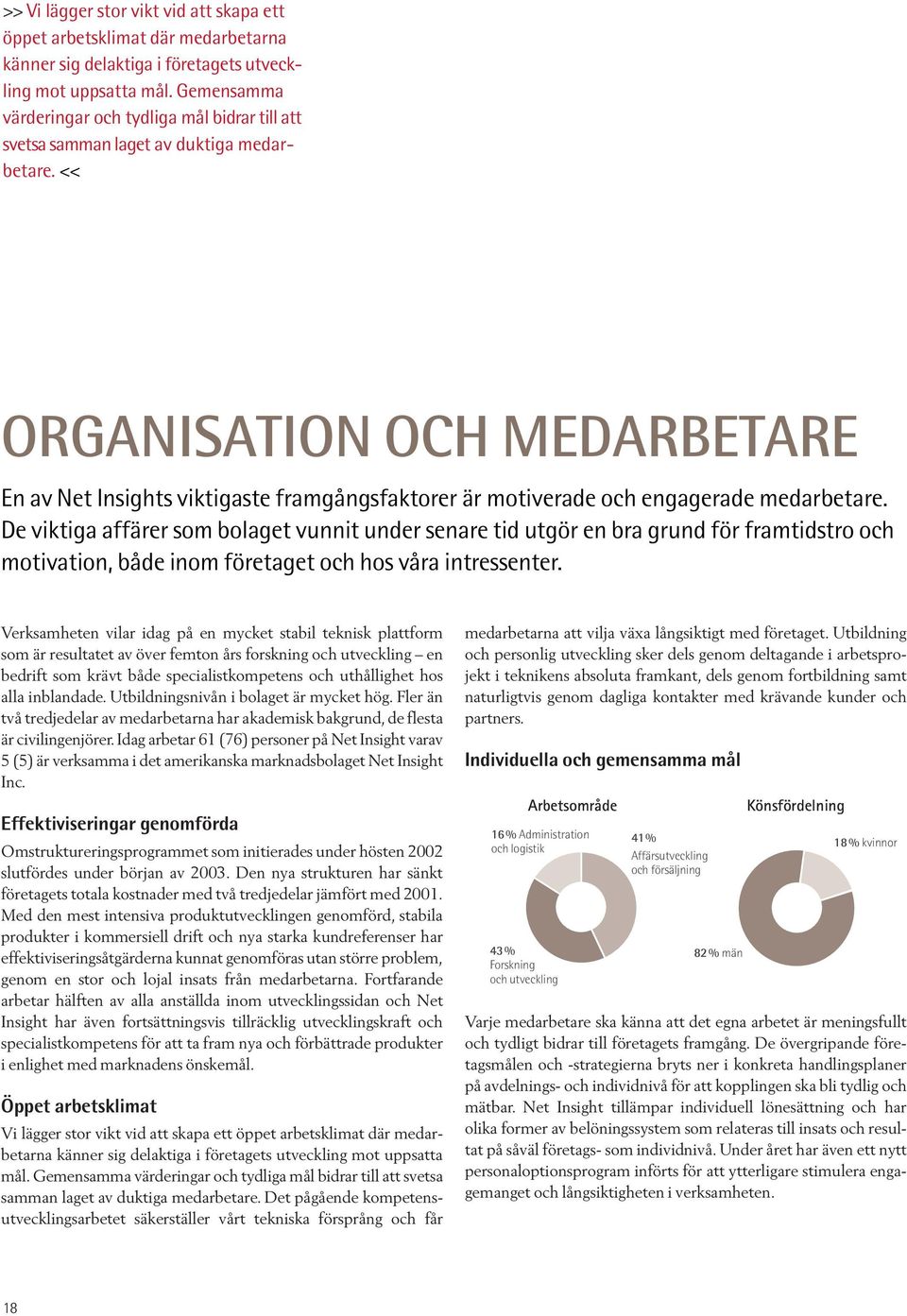<< ORGANISATION OCH MEDARBETARE En av Net Insights viktigaste framgångsfaktorer är motiverade och engagerade medarbetare.