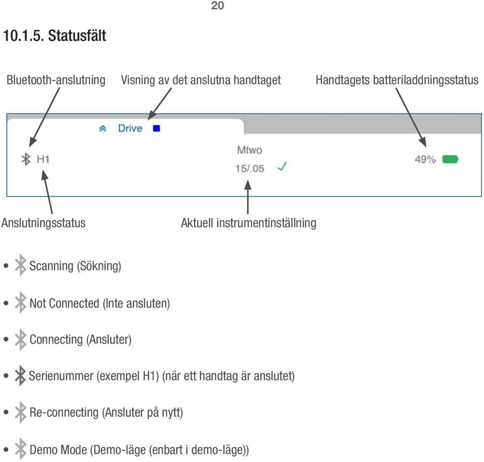batteriladdningsstatus Anslutningsstatus Aktuell instrumentinställning Scanning (Sökning)