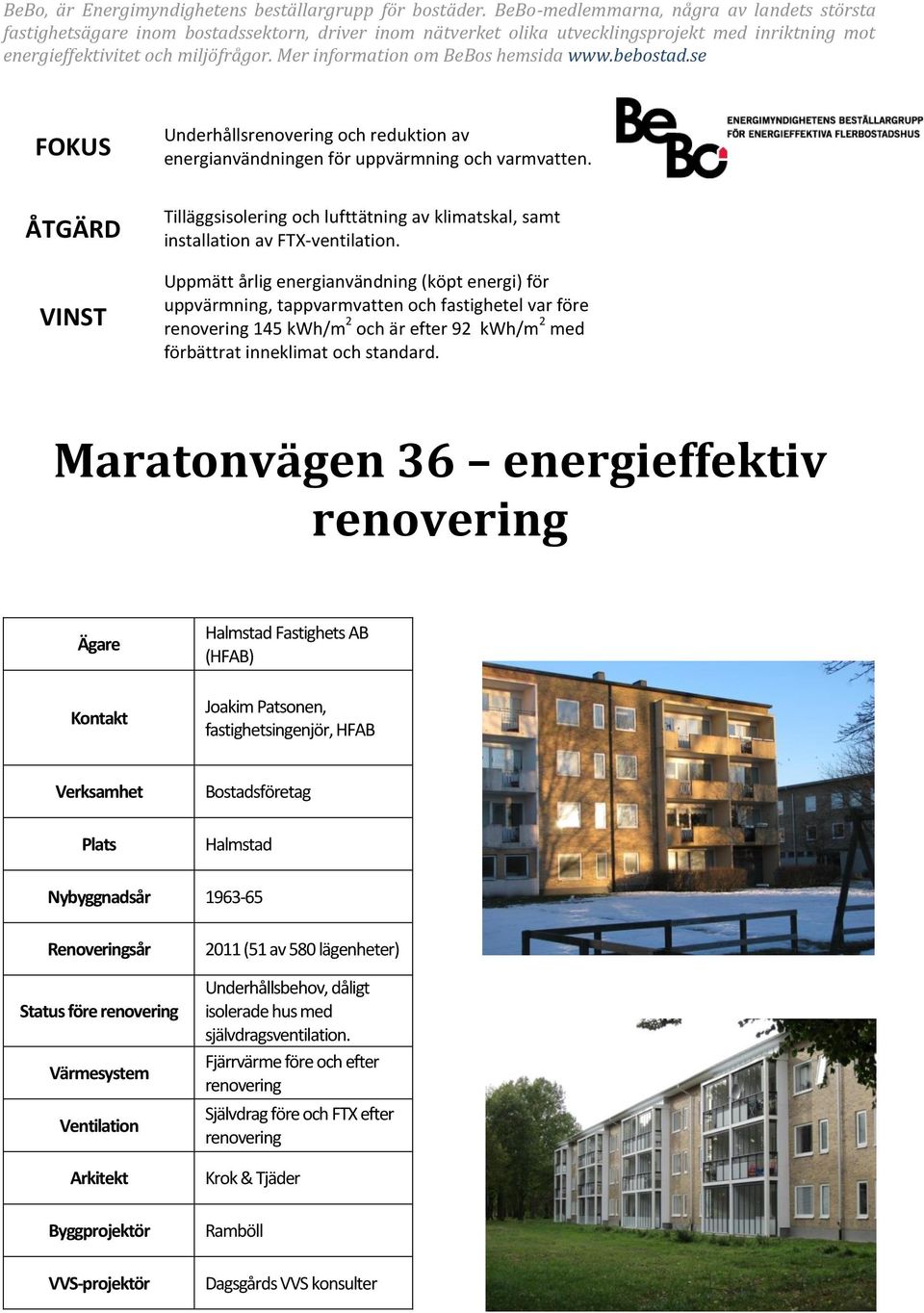 Mer information om BeBos hemsida www.bebostad.se FOKUS ÅTGÄRD VINST Underhålls och reduktion av energianvändningen för uppvärmning och varmvatten.