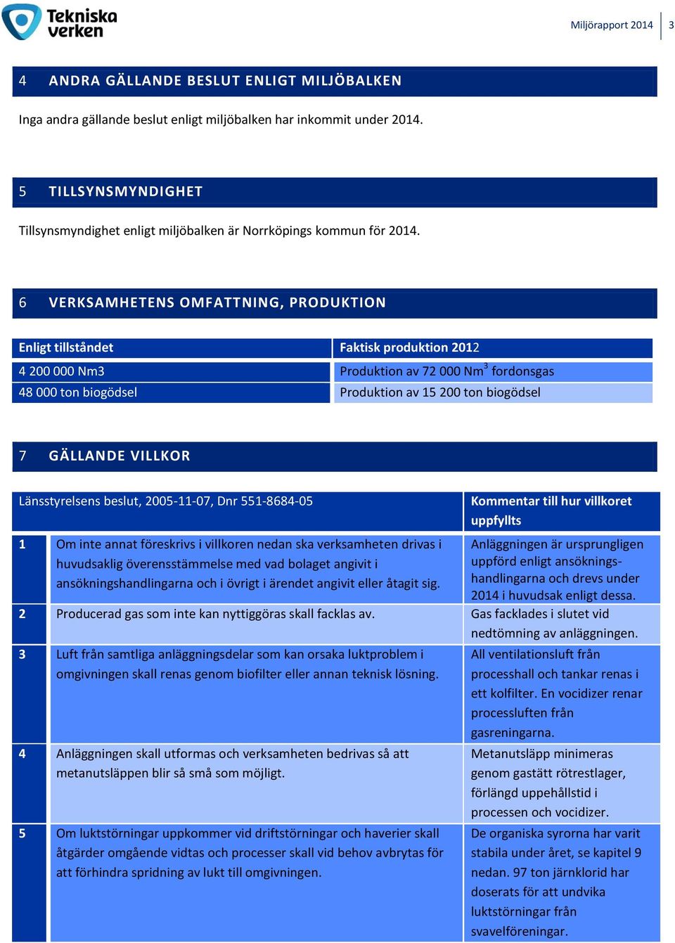 VILLKOR Länsstyrelsens beslut, 2005-11-07, Dnr 551-8684-05 1 Om inte annat föreskrivs i villkoren nedan ska verksamheten drivas i huvudsaklig överensstämmelse med vad bolaget angivit i