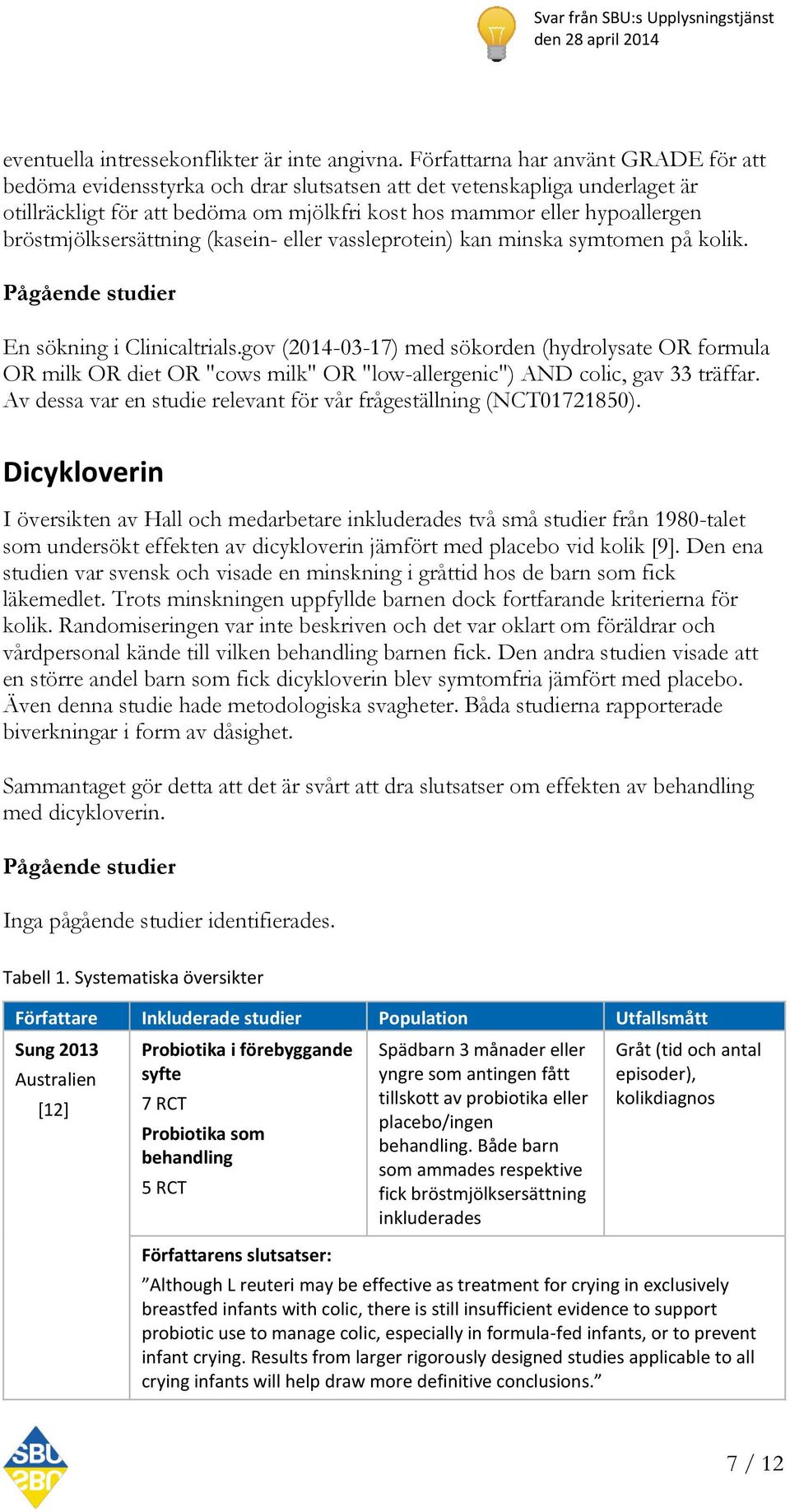 bröstmjölksersättning (kasein- eller vassleprotein) kan minska symtomen på kolik. Pågående studier En sökning i Clinicaltrials.
