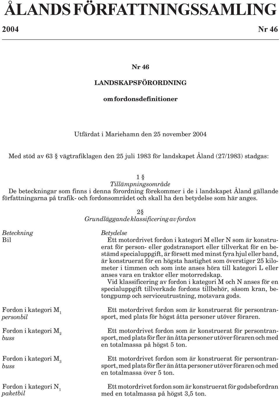 Åland gällande författningarna på trafik- och fordonsområdet och skall ha den betydelse som här anges.