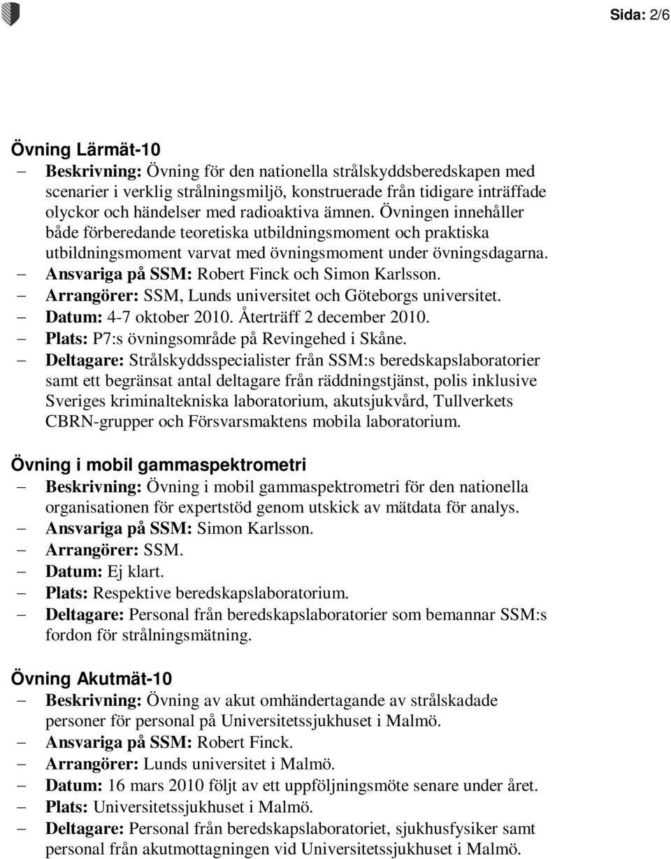 Ansvariga på SSM: Robert Finck och Simon Karlsson. Arrangörer: SSM, Lunds universitet och Göteborgs universitet. Datum: 4-7 oktober 2010. Återträff 2 december 2010.