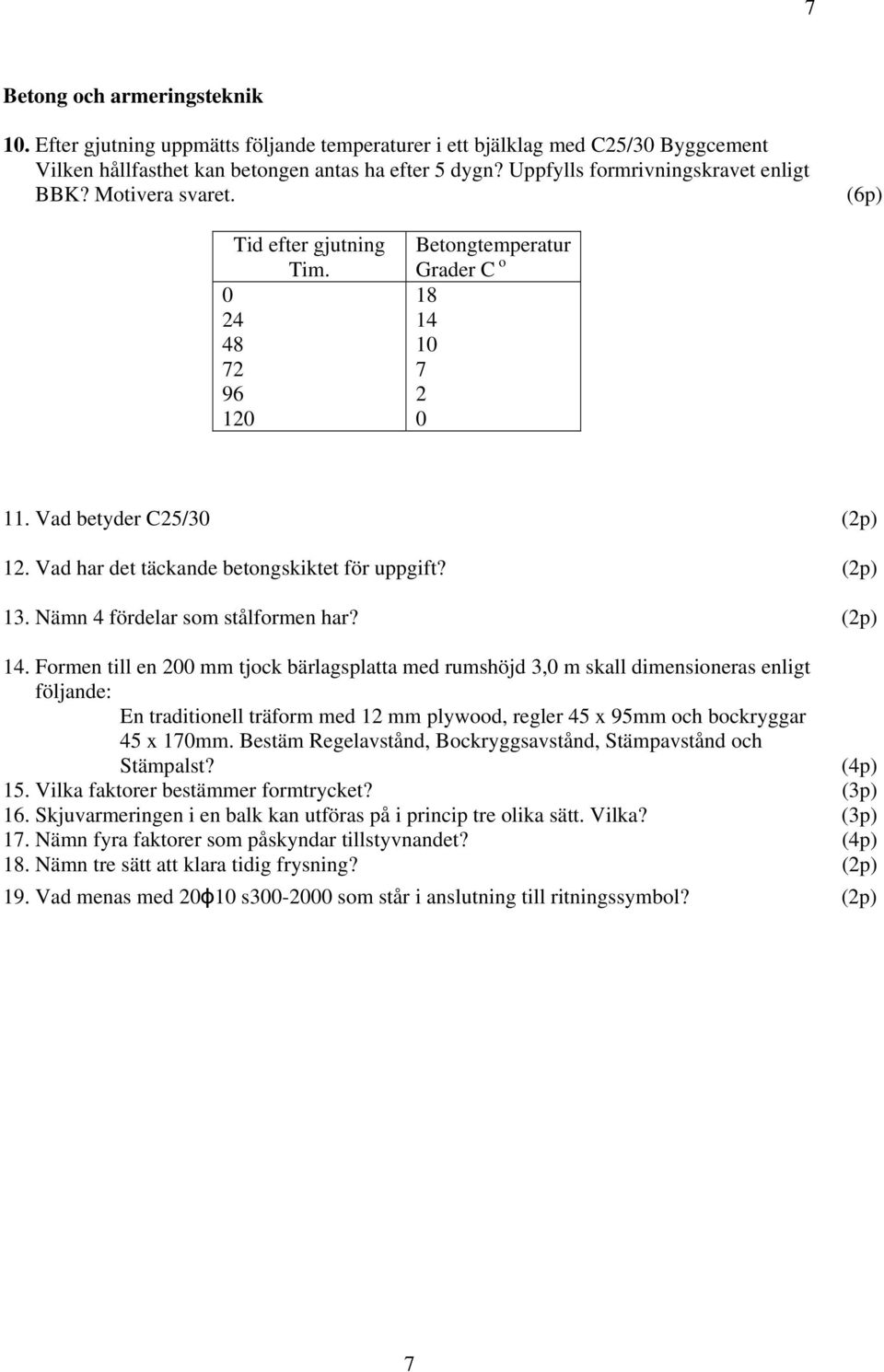 Vad har det täckande betongskiktet för uppgift? 13. Nämn 4 fördelar som stålformen har? 14.