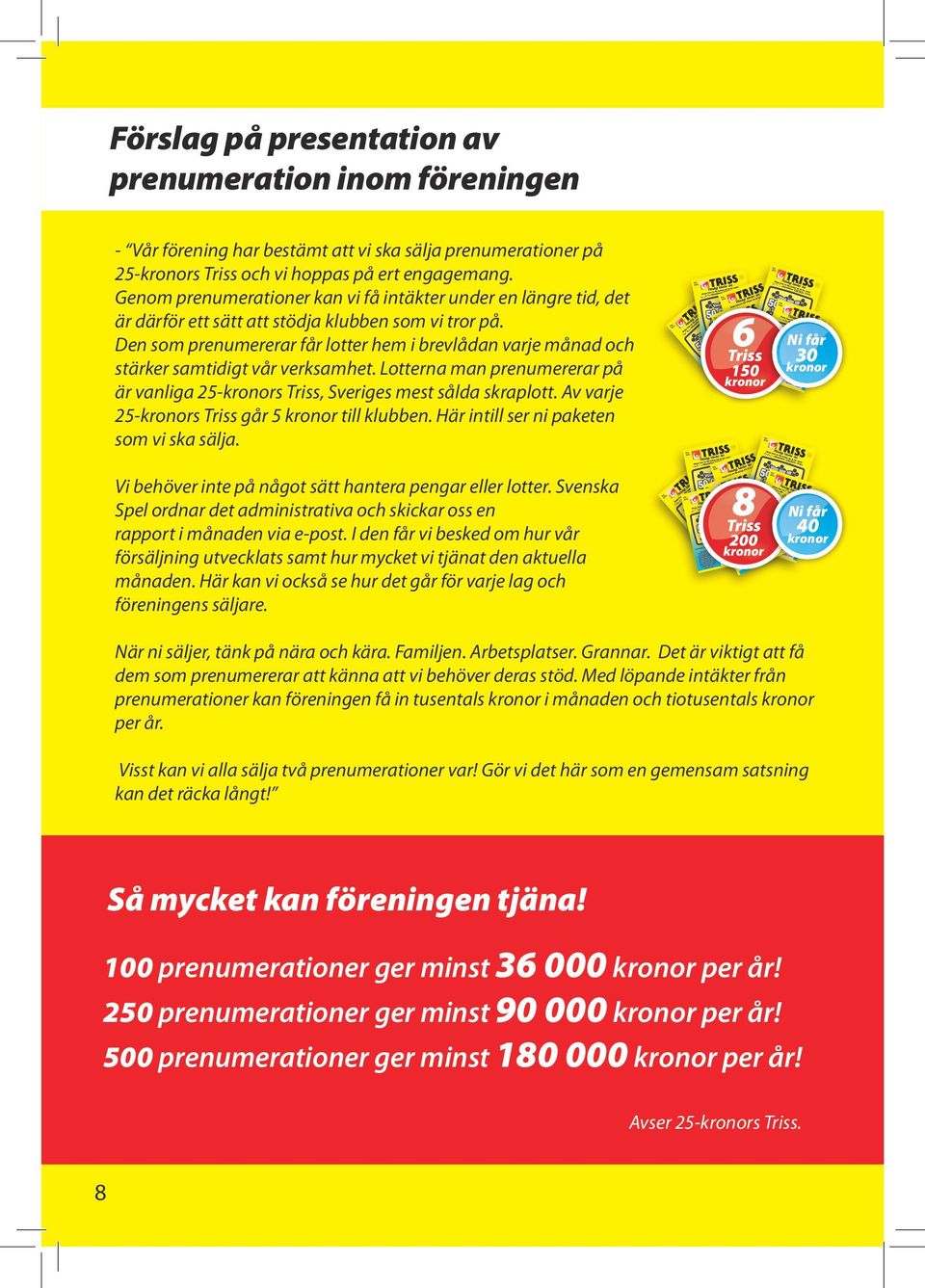 Den som prenumererar får lotter hem i brevlådan varje månad och stärker samtidigt vår verksamhet. Lotterna man prenumererar på är vanliga 25-kronors Triss, Sveriges mest sålda skraplott.