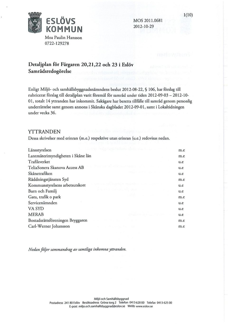 till rubricerat forslag till detaljplan varit föremål för samråd under tiden 2012-09-03 20 12-10- 01, totalt 14 yttranden har inkommit.