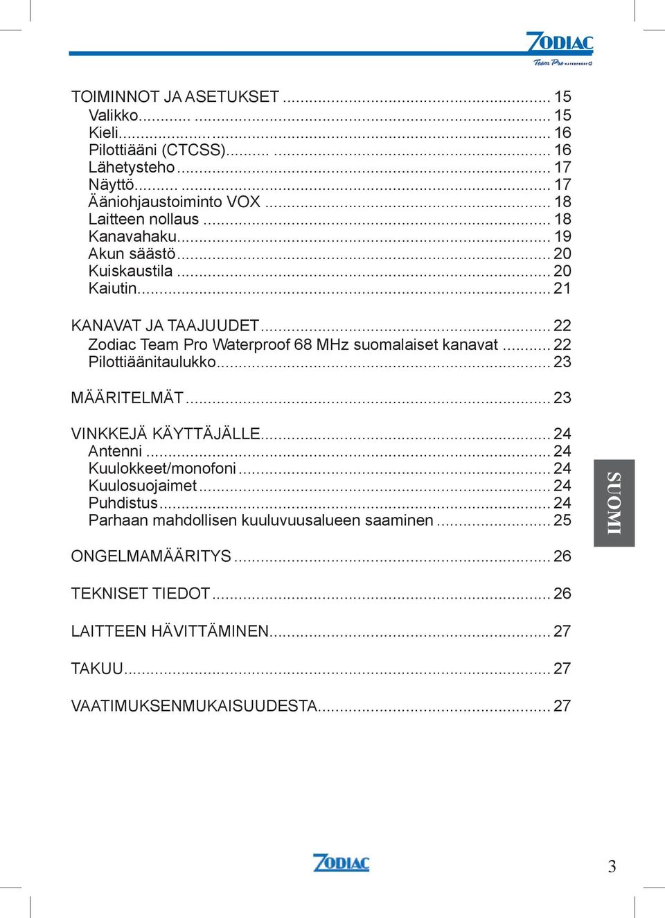 .. 22 Pilottiäänitaulukko... 23 MÄÄRITELMÄT... 23 VINKKEJÄ KÄYTTÄJÄLLE... 24 Antenni... 24 Kuulokkeet/monofoni... 24 Kuulosuojaimet... 24 Puhdistus.