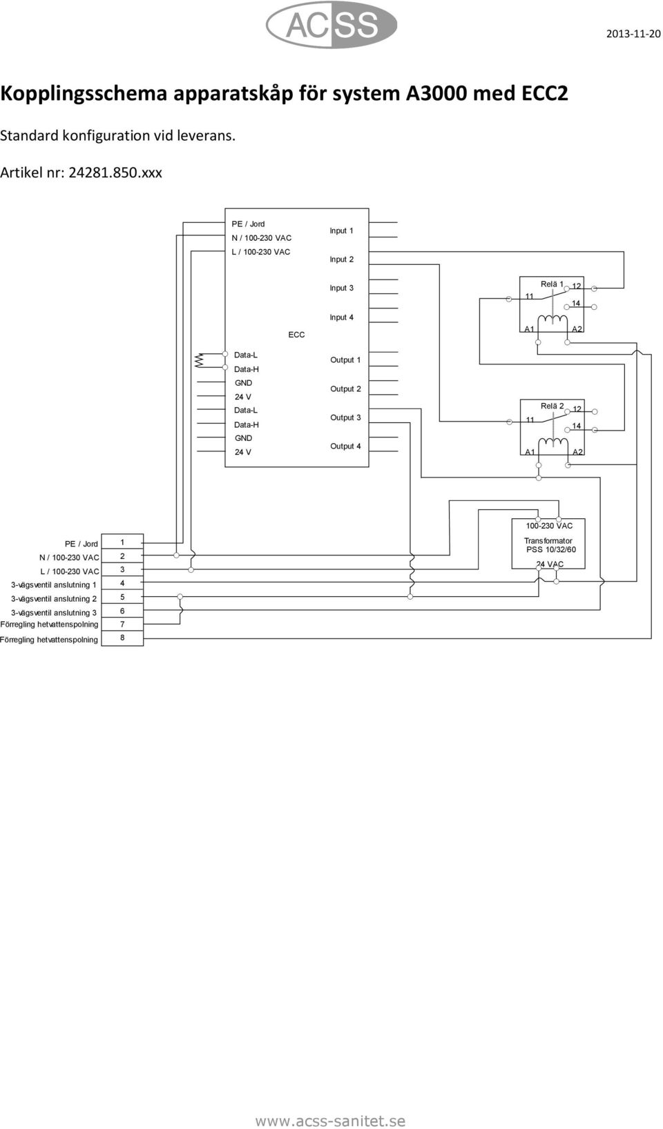 Data-L Data-H GND 24 V Output 2 Output 3 Output 4 11 A1 Relä 2 12 14 A2 PE / Jord N / 100-230 VAC L / 100-230 VAC 3-vägsventil anslutning 1