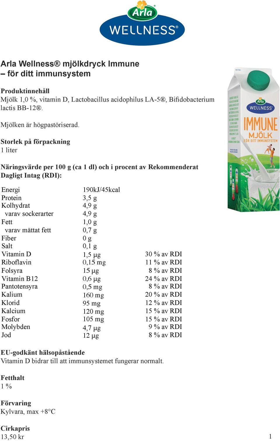 190kJ/45kcal 3,5 g 4,9 g 4,9 g 1,0 g 0,7 g 0 g 0,1 g 1,5 μg 0,15 mg 15 μg 0,6 μg 0,5 mg 160 mg 95 mg 120 mg 105 mg 4,7 μg 12 μg 30 % av RDI 11 % av