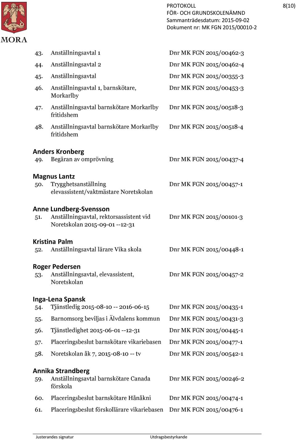 Begäran av omprövning Dnr MK FGN 2015/00437-4 Magnus Lantz 50. Trygghetsanställning elevassistent/vaktmästare Noretskolan Anne Lundberg-Svensson 51.