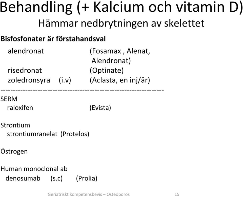 (i.v) (Aclasta, en inj/år) SERM raloxifen (Evista) Strontium strontiumranelat (Protelos)