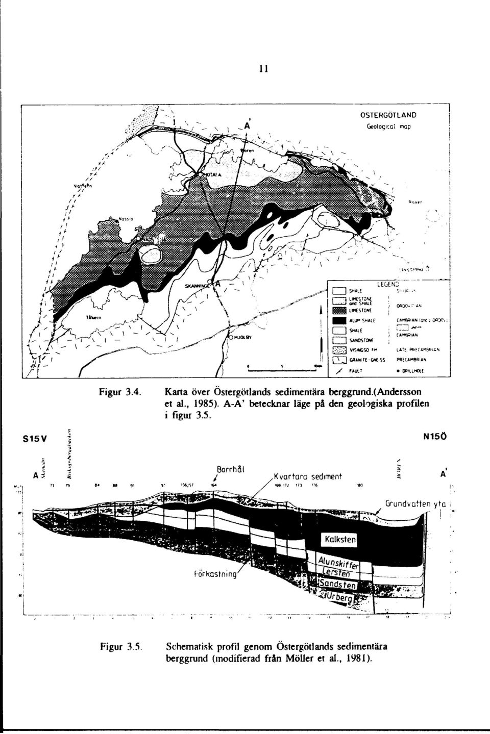 A-A' betecknar läge på den geologiska profilen i figur 3.5.