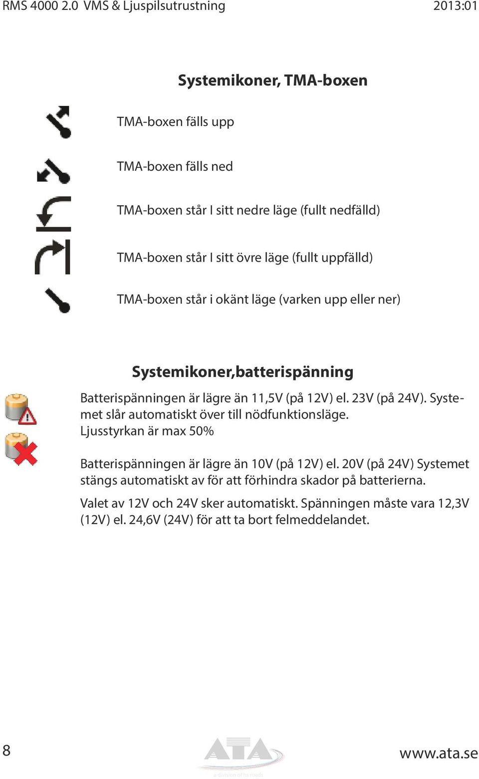 övre läge (fullt uppfälld) TMA-boxen står i okänt läge (varken upp eller ner) Systemikoner,batterispänning Batterispänningen är lägre än 11,5V (på 12V) el. 23V (på 24V).