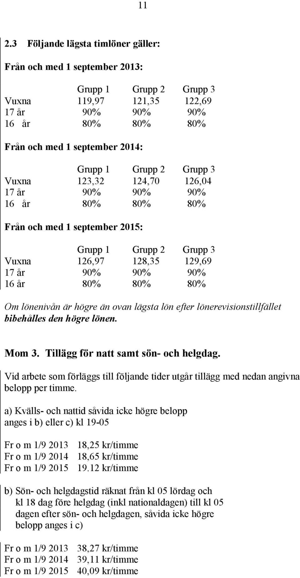 lönenivån är högre än ovan lägsta lön efter lönerevisionstillfället bibehålles den högre lönen. Mom 3. Tillägg för natt samt sön- och helgdag.