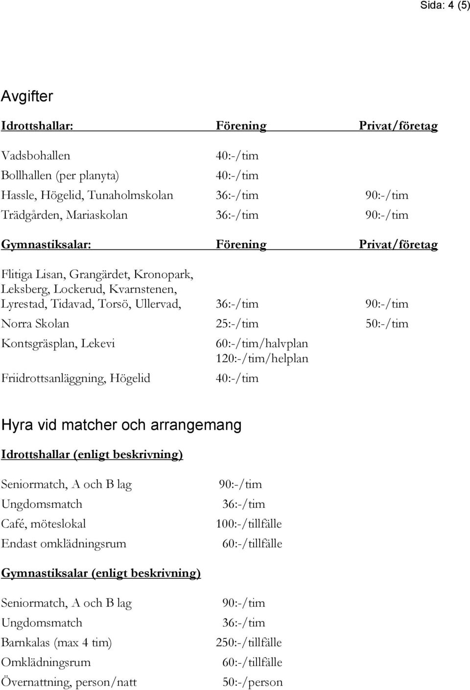 Kontsgräsplan, Lekevi Friidrottsanläggning, Högelid 60:-/tim/halvplan 120:-/tim/helplan Hyra vid matcher och arrangemang Idrottshallar (enligt beskrivning) Seniormatch, A och B lag Ungdomsmatch Café,