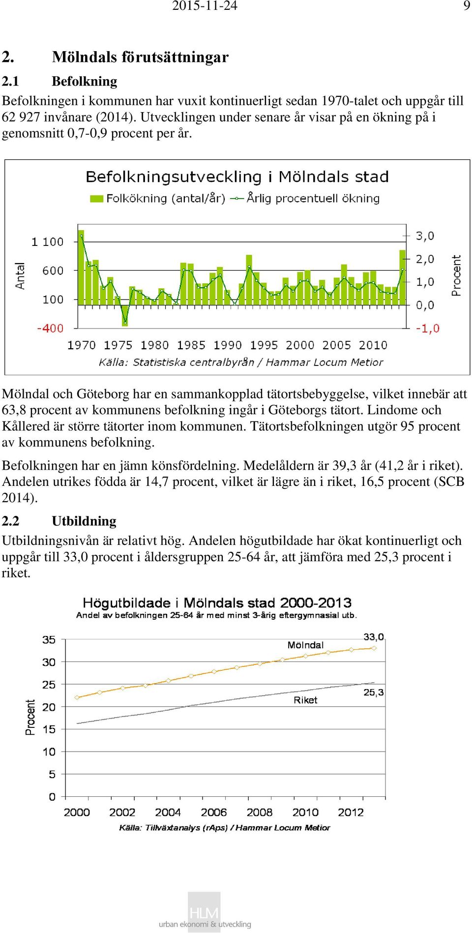 Mölndal och Göteborg har en sammankopplad tätortsbebyggelse, vilket innebär att 63,8 procent av kommunens befolkning ingår i Göteborgs tätort. Lindome och Kållered är större tätorter inom kommunen.