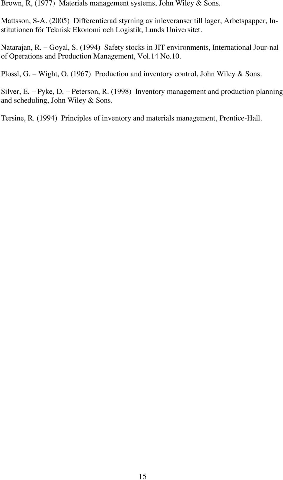 (1994) Safety stocks in JIT environments, International Jour-nal of Operations and Production Management, Vol.14 No.10. Plossl, G. Wight, O.