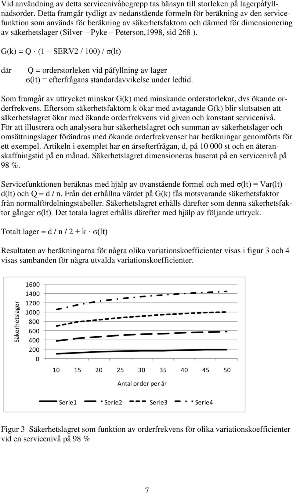 Peterson,1998, sid 268 ). G(k) = Q (1 SERV2 / 100) / σ(lt) där Q = orderstorleken vid påfyllning av lager σ(lt) = efterfrågans standardavvikelse under ledtid.