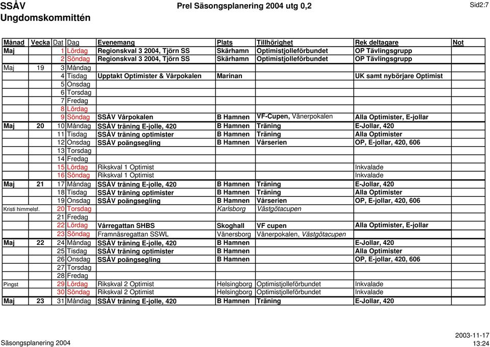 Optimister, E-jollar Maj 20 10 Måndag SSÅV träning E-jolle, 420 B Hamnen Träning E-Jollar, 420 11 Tisdag SSÅV träning optimister B Hamnen Träning Alla Optimister 12 Onsdag SSÅV poängsegling B Hamnen