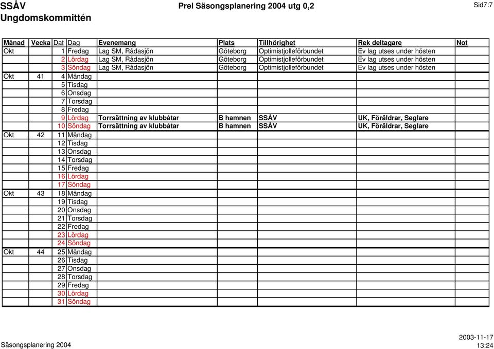 Torrsättning av klubbåtar B hamnen SSÅV UK, Föräldrar, Seglare 10 Söndag Torrsättning av klubbåtar B hamnen SSÅV UK, Föräldrar, Seglare Okt 42 11 Måndag 12 Tisdag 13 Onsdag 14