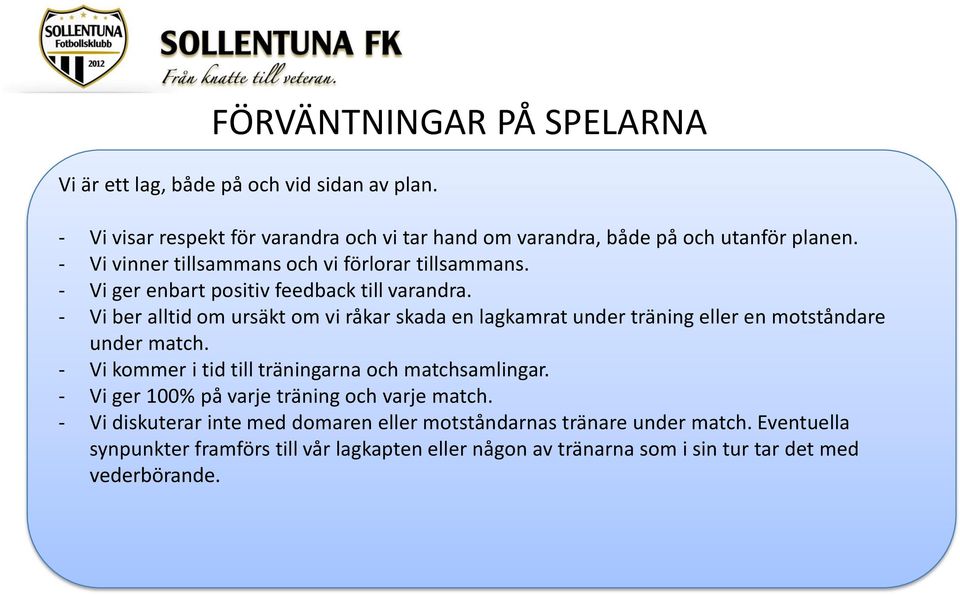 - Vi ber alltid om ursäkt om vi råkar skada en lagkamrat under träning eller en motståndare under match. - Vi kommer i tid till träningarna och matchsamlingar.