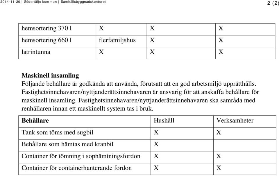 Fastighetsinnehavaren/nyttjanderättsinnehavaren är ansvarig för att anskaffa behållare för maskinell insamling.