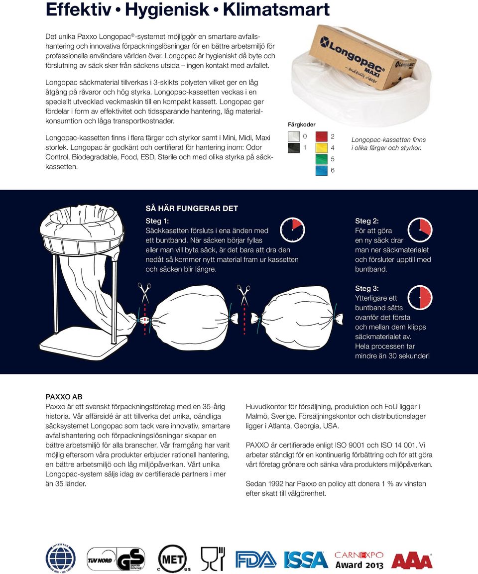 Longopac säckmaterial tillverkas i 3-skikts polyeten vilket ger en låg åtgång på råvaror och hög styrka. Longopac-kassetten veckas i en speciellt utvecklad veckmaskin till en kompakt kassett.