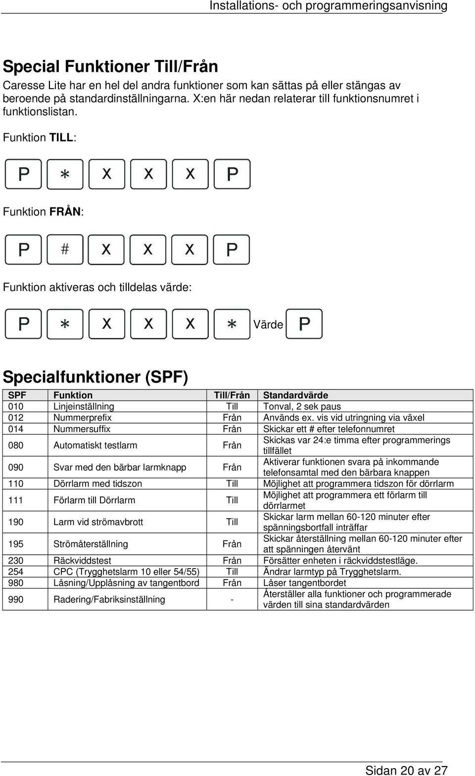 Funktion TILL: Funktion FRÅN: Funktion aktiveras och tilldelas värde: Värde Specialfunktioner (SPF) SPF Funktion Till/Från Standardvärde 010 Linjeinställning Till Tonval, 2 sek paus 012 Nummerprefix