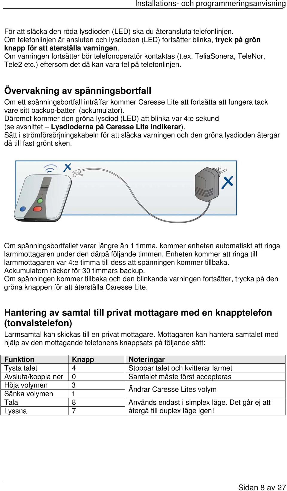 Övervakning av spänningsbortfall Om ett spänningsbortfall inträffar kommer Caresse Lite att fortsätta att fungera tack vare sitt backup-batteri (ackumulator).