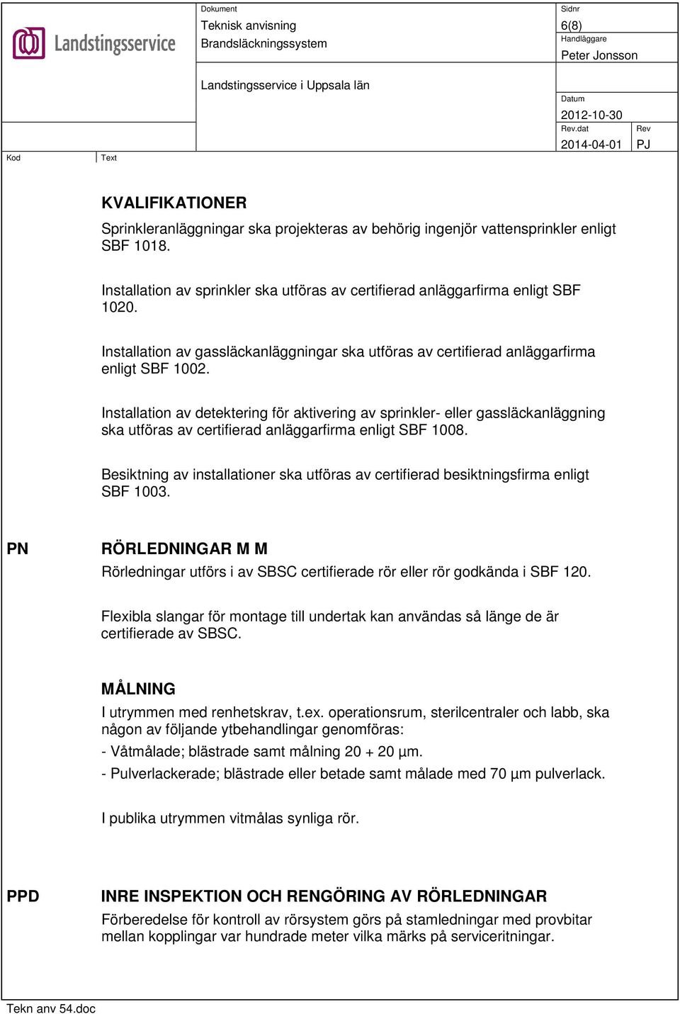 Installation av detektering för aktivering av sprinkler- eller gassläckanläggning ska utföras av certifierad anläggarfirma enligt SBF 1008.