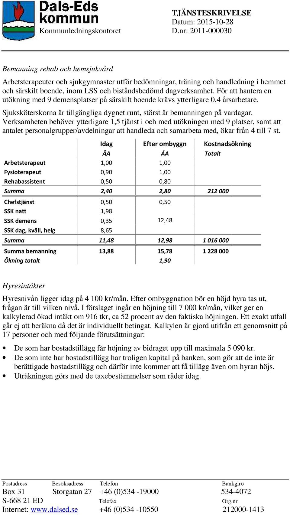 För att hantera en utökning med 9 demensplatser på särskilt boende krävs ytterligare 0,4 årsarbetare. Sjuksköterskorna är tillgängliga dygnet runt, störst är bemanningen på vardagar.