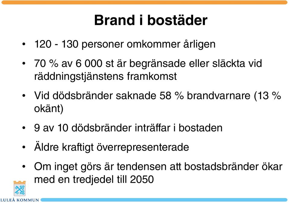 brandvarnare (13 % okänt) 9 av 10 dödsbränder inträffar i bostaden Äldre kraftigt