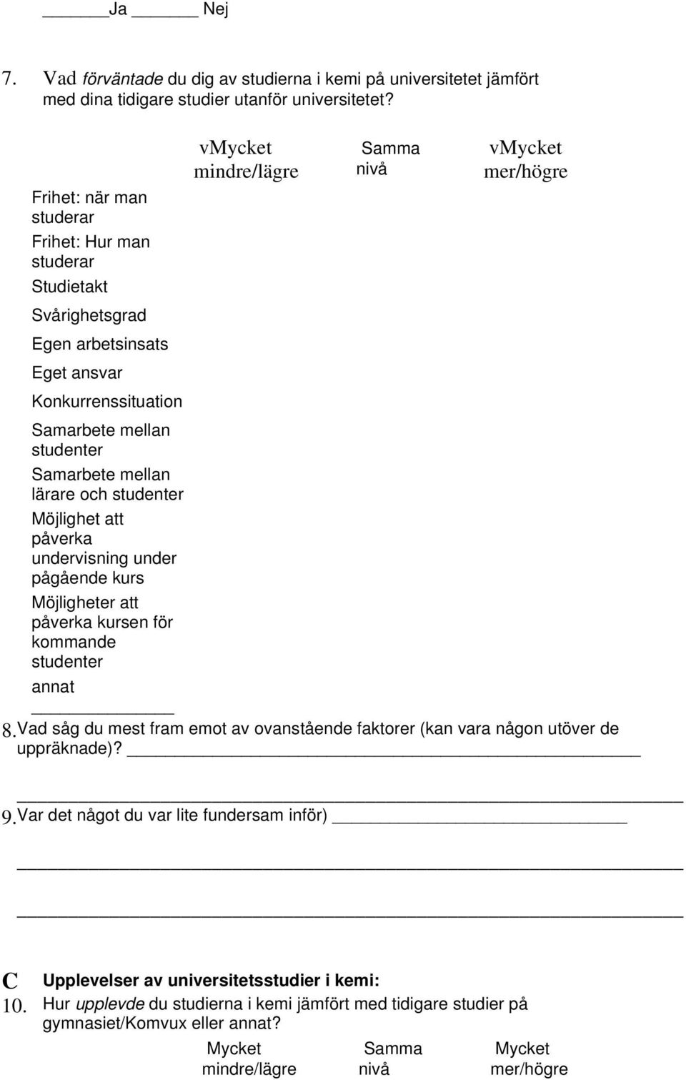 studenter Samarbete mellan lärare och studenter Möjlighet att påverka undervisning under pågående kurs Möjligheter att påverka kursen för kommande studenter annat 8.