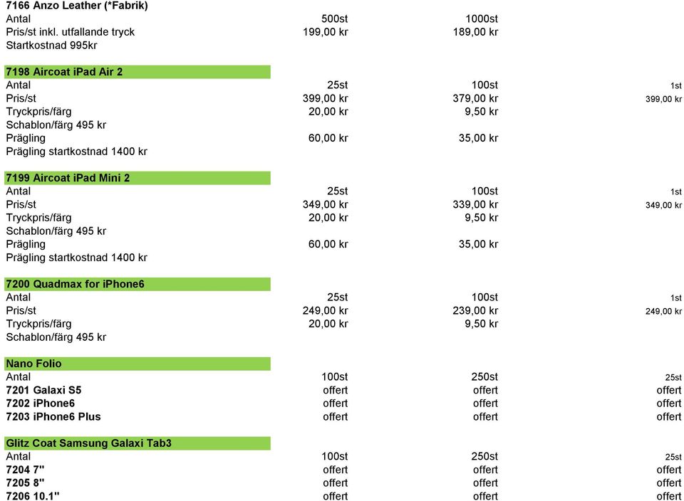 Prägling startkostnad 1400 kr 7199 Aircoat ipad Mini 2 Antal 25st 100st 1st Pris/st 349,00 kr 339,00 kr 349,00 kr Tryckpris/färg 20,00 kr 9,50 kr Prägling 60,00 kr 35,00 kr Prägling startkostnad 1400