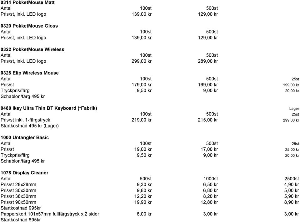 1-färgstryck 219,00 kr 215,00 kr 299,00 kr Startkostnad 495 kr (Lager) 1000 Untangler Basic Pris/st 19,00 kr 17,00 kr 25,00 kr 1078 Display Cleaner Antal 500st 1000st 2500st Pris/st 28x28mm