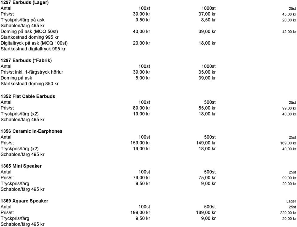 1-färgstryck hörlur 39,00 kr 35,00 kr Doming på ask 5,00 kr 39,00 kr Startkostnad doming 850 kr 1352 Flat Cable Earbuds Pris/st 89,00 kr 85,00 kr 99,00 kr Tryckpris/färg (x2) 19,00 kr 18,00 kr