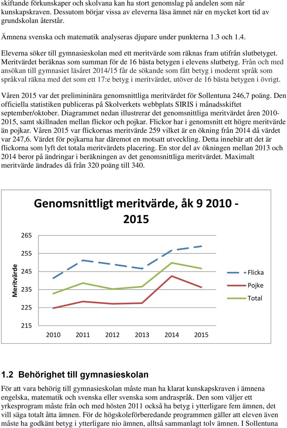 Meritvärdet beräknas som summan för de 16 bästa betygen i elevens slutbetyg.