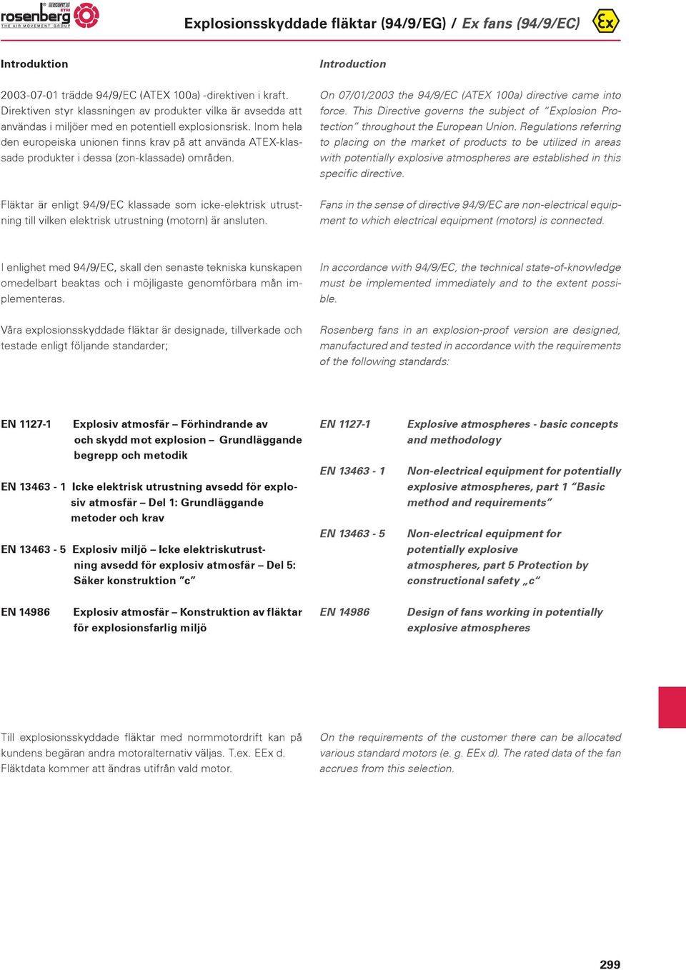 Fläktar är enligt 94/9/EC klassade som icke-elektrisk utrustning till vilken elektrisk utrustning (motorn) är ansluten. Introduction On 7//23 the 94/9/EC (ATEX a) directive came into force.